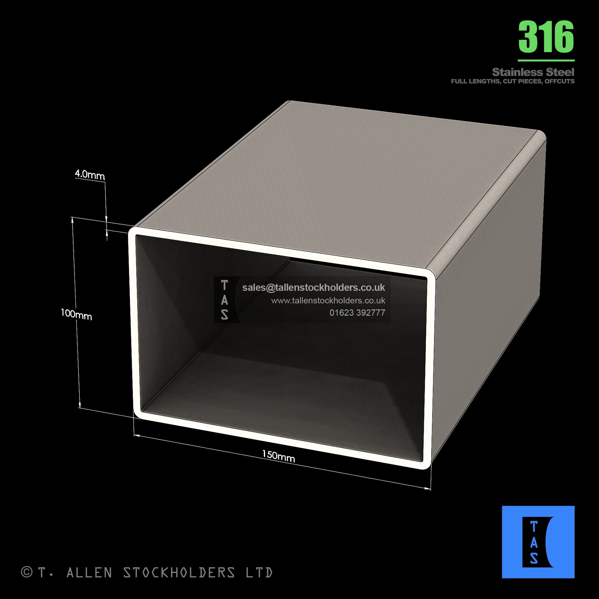150 X 100 X 4 RECTANGULAR BOX SECTION, RHS, 316 STAINLESS STEEL – T ...