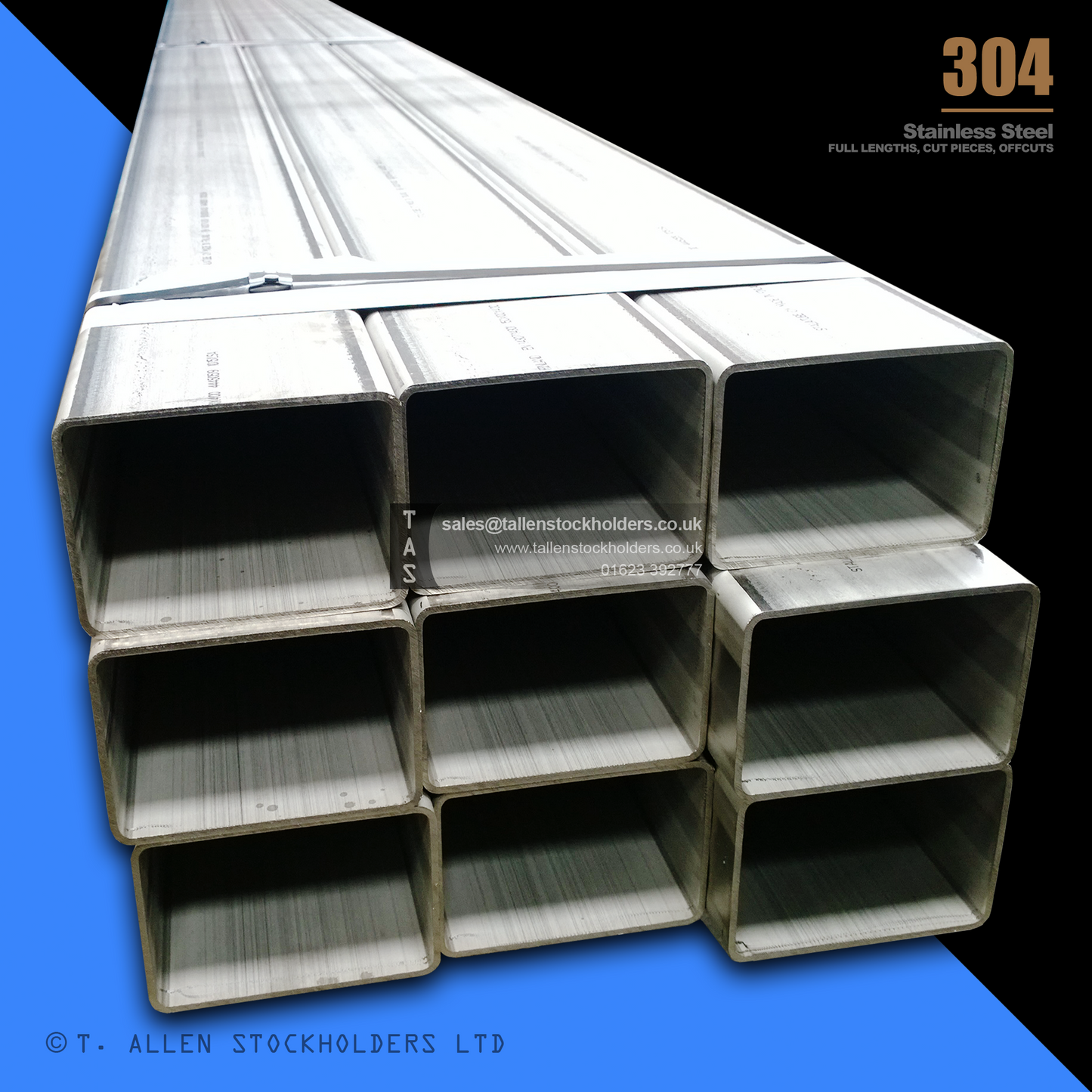 RHS Rectangular Box Section, 304 Stainless Steel, 20mm x 10mm x 1mm, Dull Polished