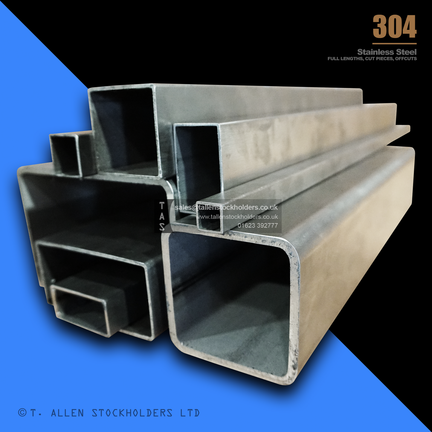 RHS Rectangular Box Section, 304 Stainless Steel, 20mm x 10mm x 1mm, Dull Polished