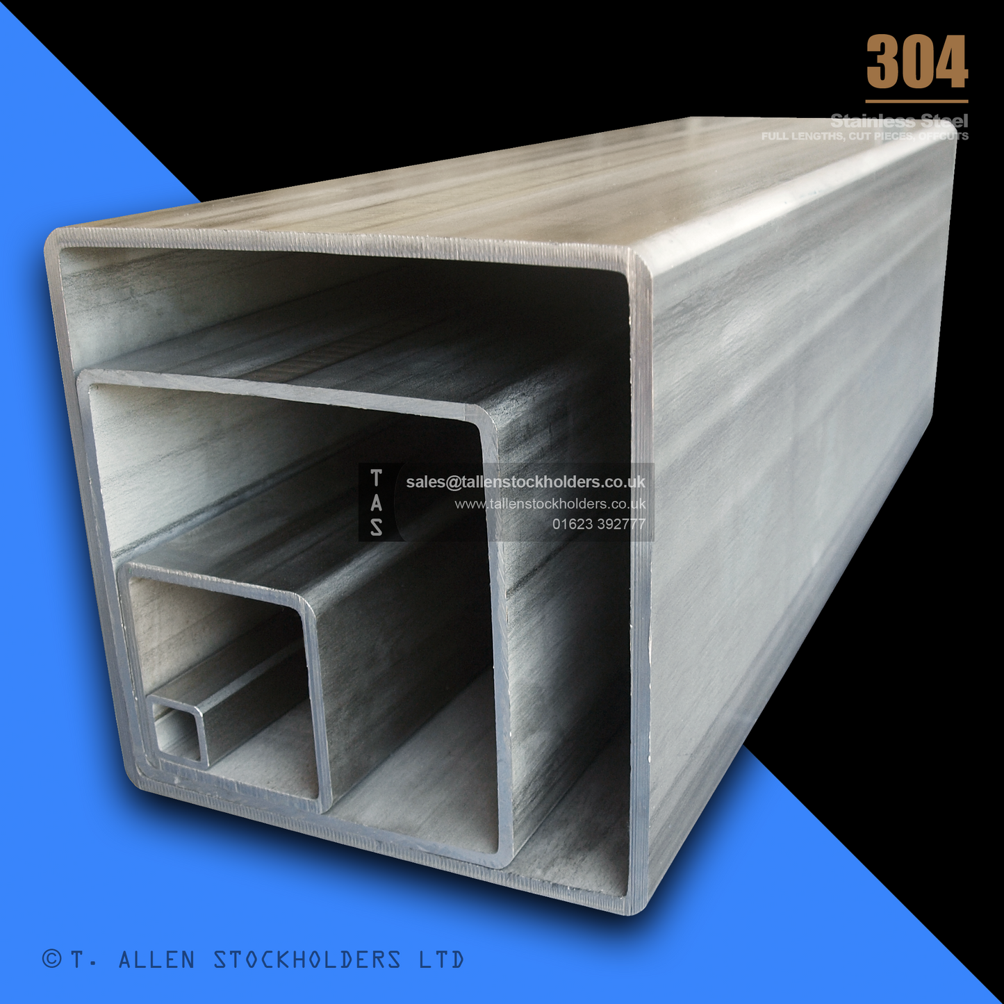 RHS Rectangular Box Section, 304 Stainless Steel, 20mm x 10mm x 1mm, Dull Polished