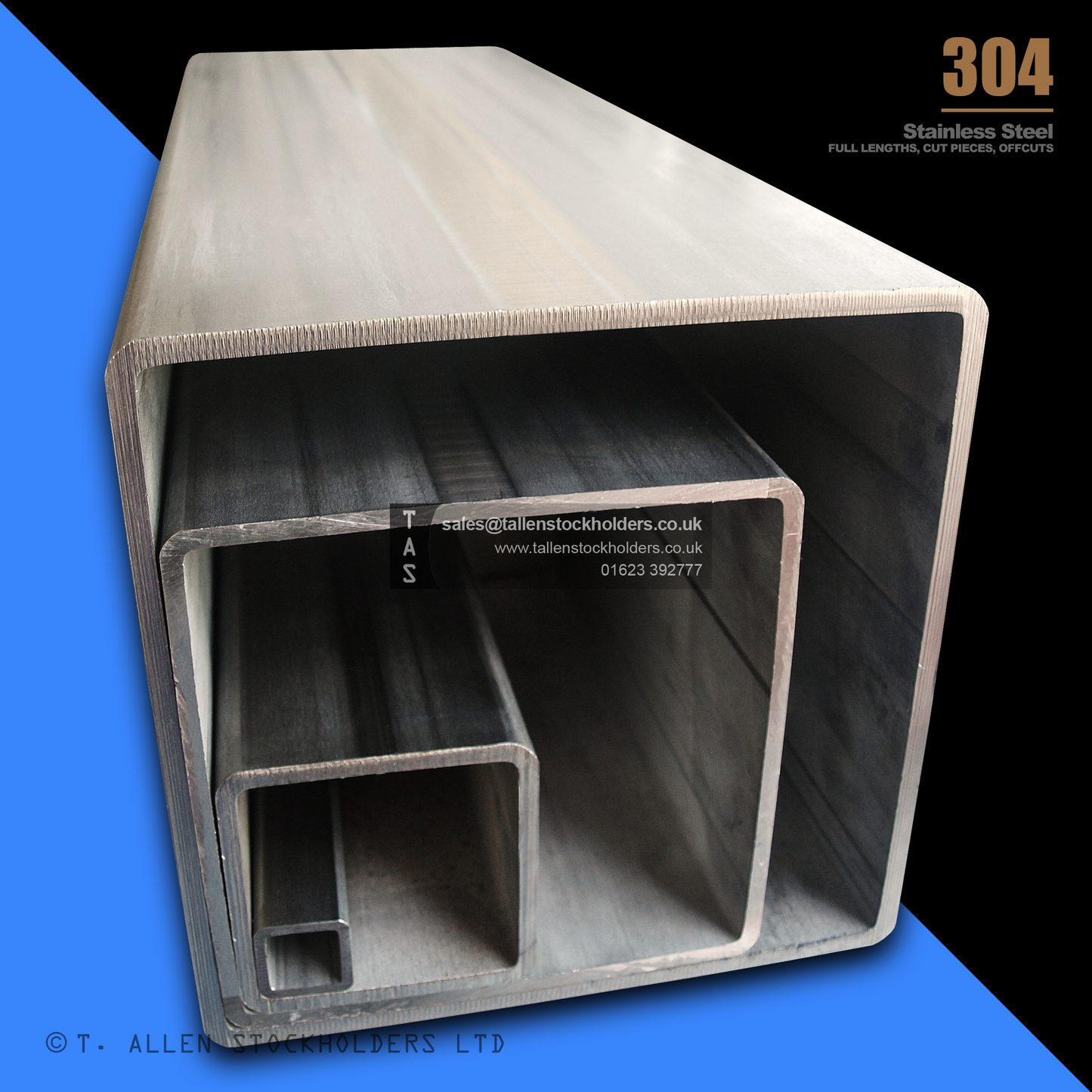 RHS Rectangular Box Section, 304 Stainless Steel, 20mm x 10mm x 1mm, Dull Polished