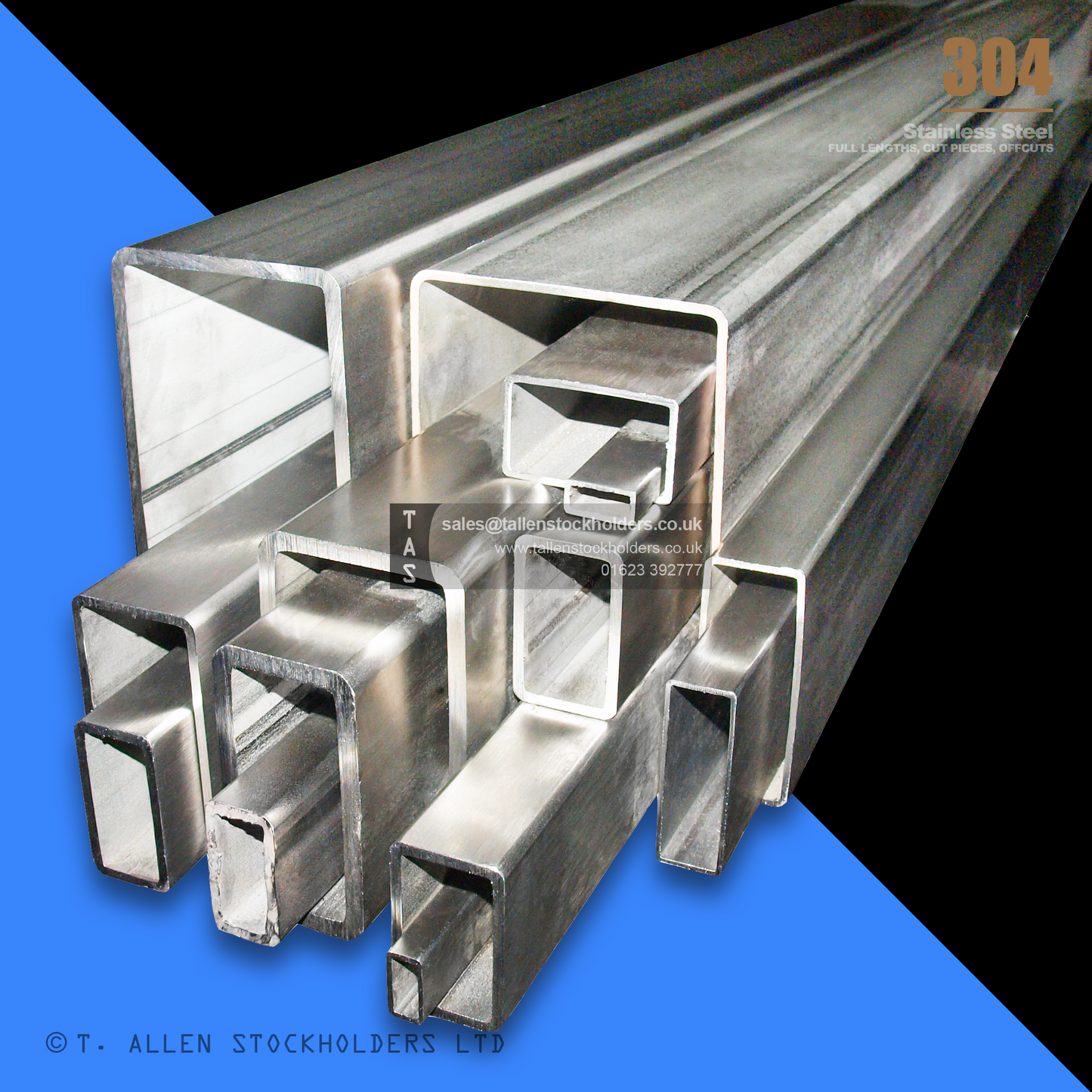 RHS Rectangular Box Section, 304 Stainless Steel, 20mm x 10mm x 1mm, Dull Polished
