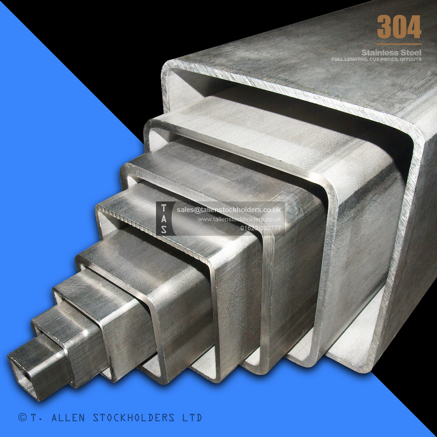 RHS Rectangular Box Section, 304 Stainless Steel, 20mm x 10mm x 1mm, Dull Polished