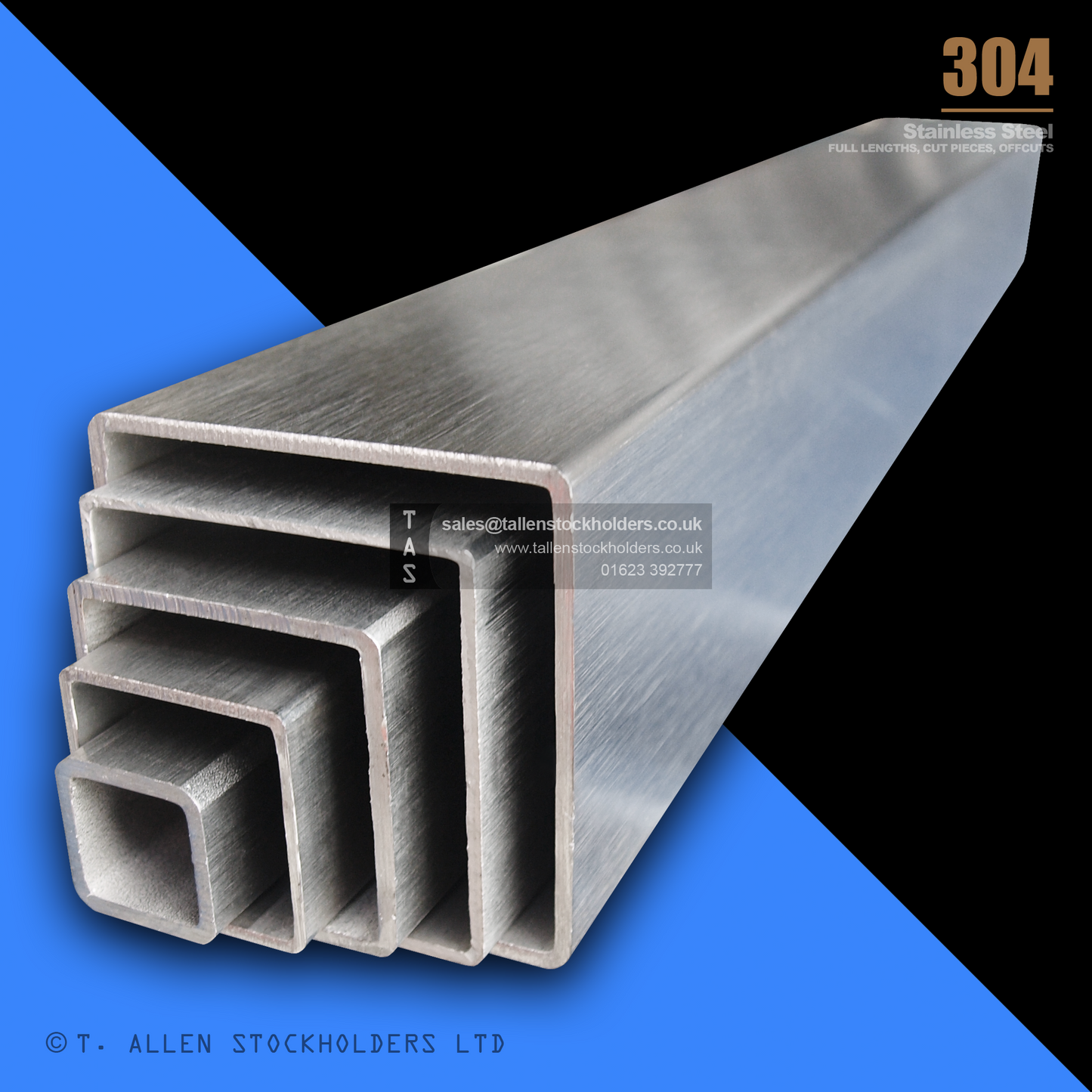 RHS Rectangular Box Section, 304 Stainless Steel, 20mm x 10mm x 1mm, Dull Polished