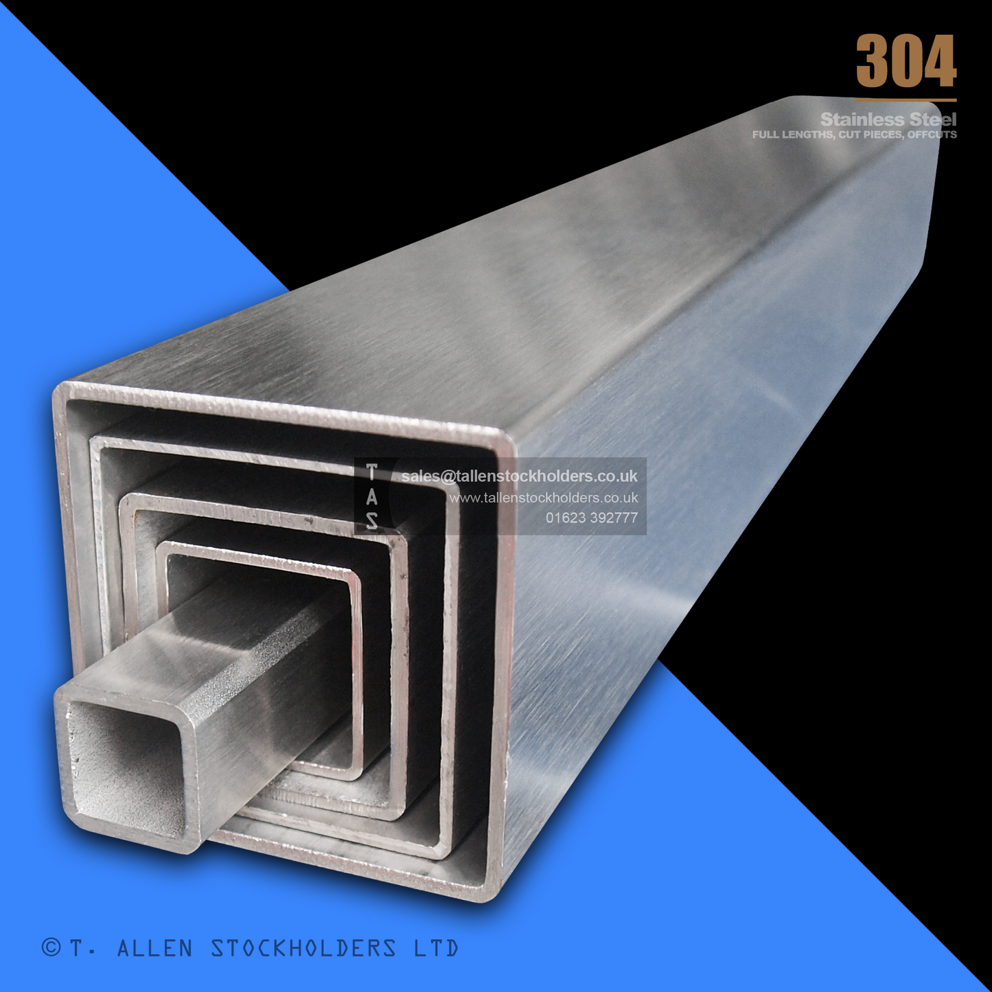RHS Rectangular Box Section, 304 Stainless Steel, 20mm x 10mm x 1mm, Dull Polished