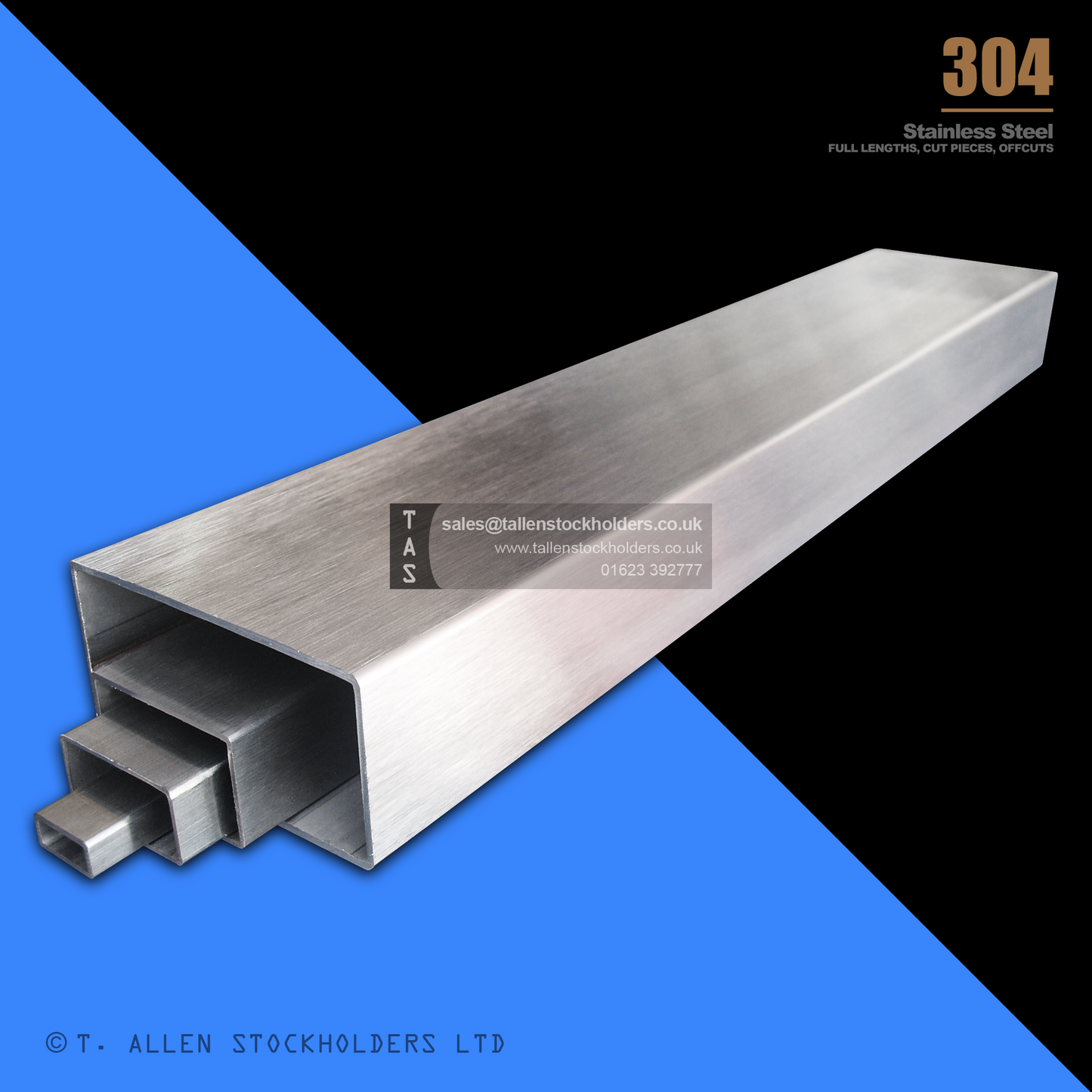 RHS Rectangular Box Section, 304 Stainless Steel, 20mm x 10mm x 1mm, Dull Polished