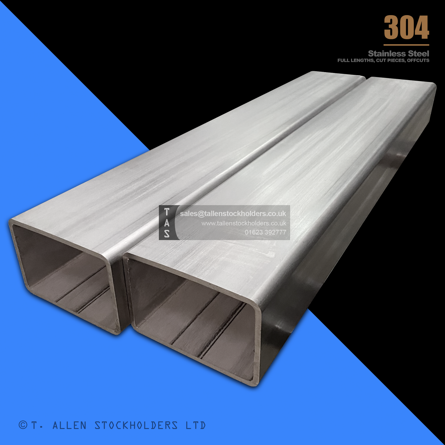 RHS Rectangular Box Section, 304 Stainless Steel, 20mm x 10mm x 1mm, Dull Polished
