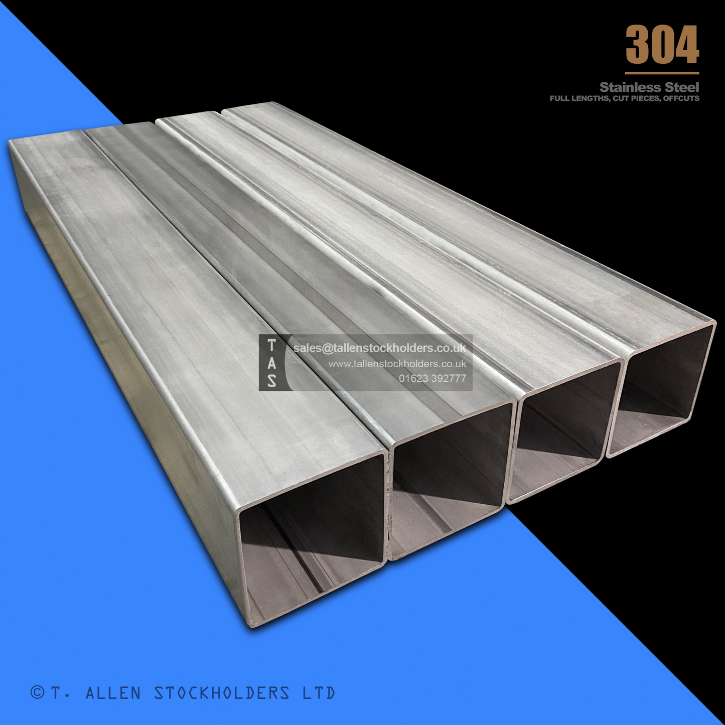 RHS Rectangular Box Section, 304 Stainless Steel, 20mm x 10mm x 1mm, Dull Polished