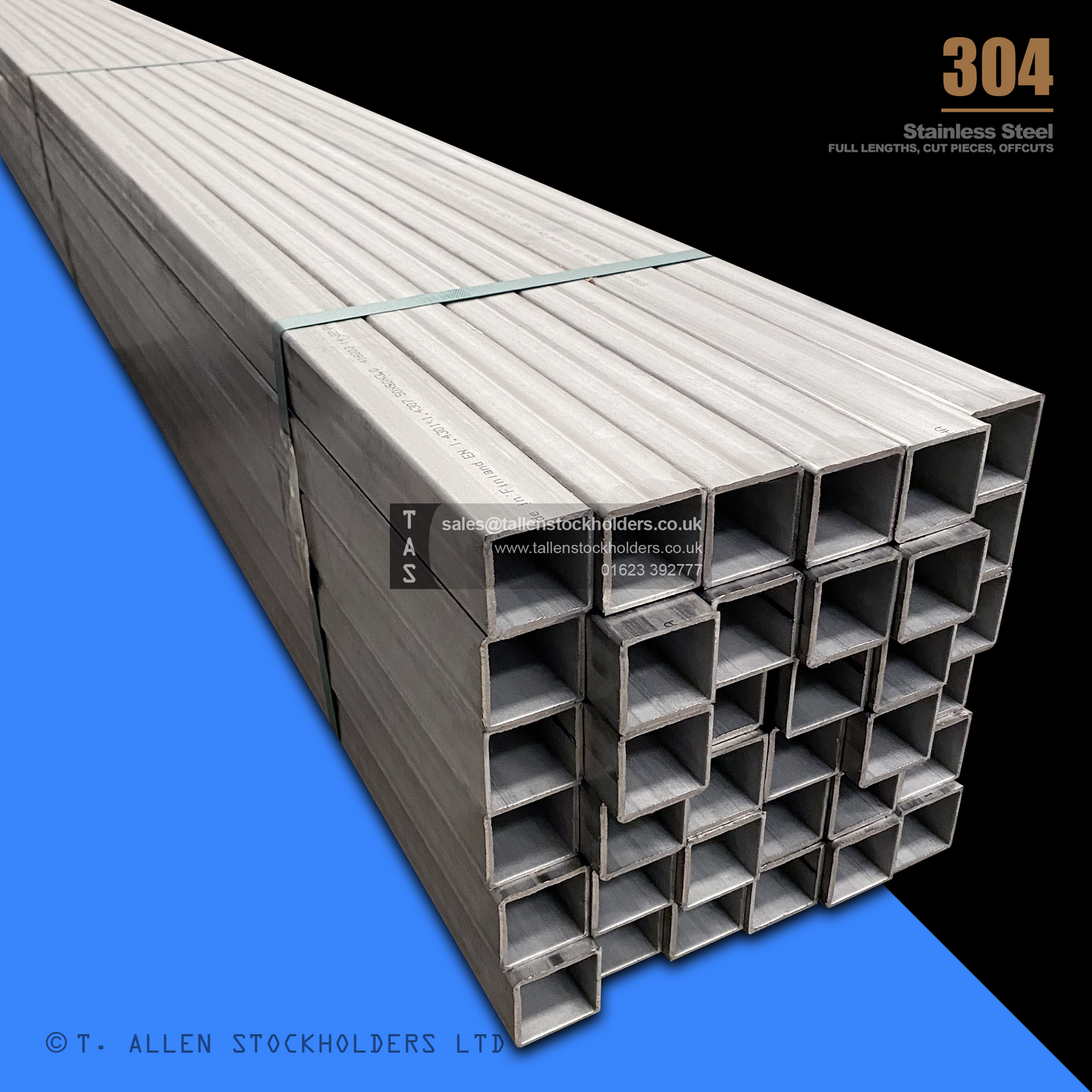 RHS Rectangular Box Section, 304 Stainless Steel, 20mm x 10mm x 1mm, Dull Polished