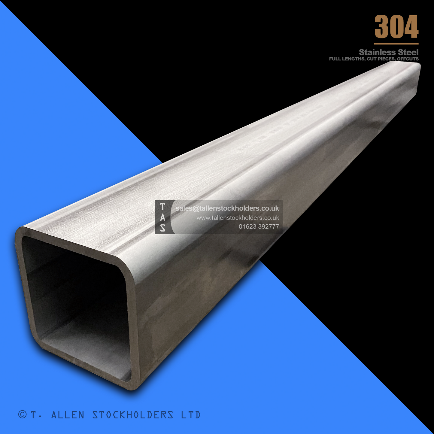 RHS Rectangular Box Section, 304 Stainless Steel, 20mm x 10mm x 1mm, Dull Polished