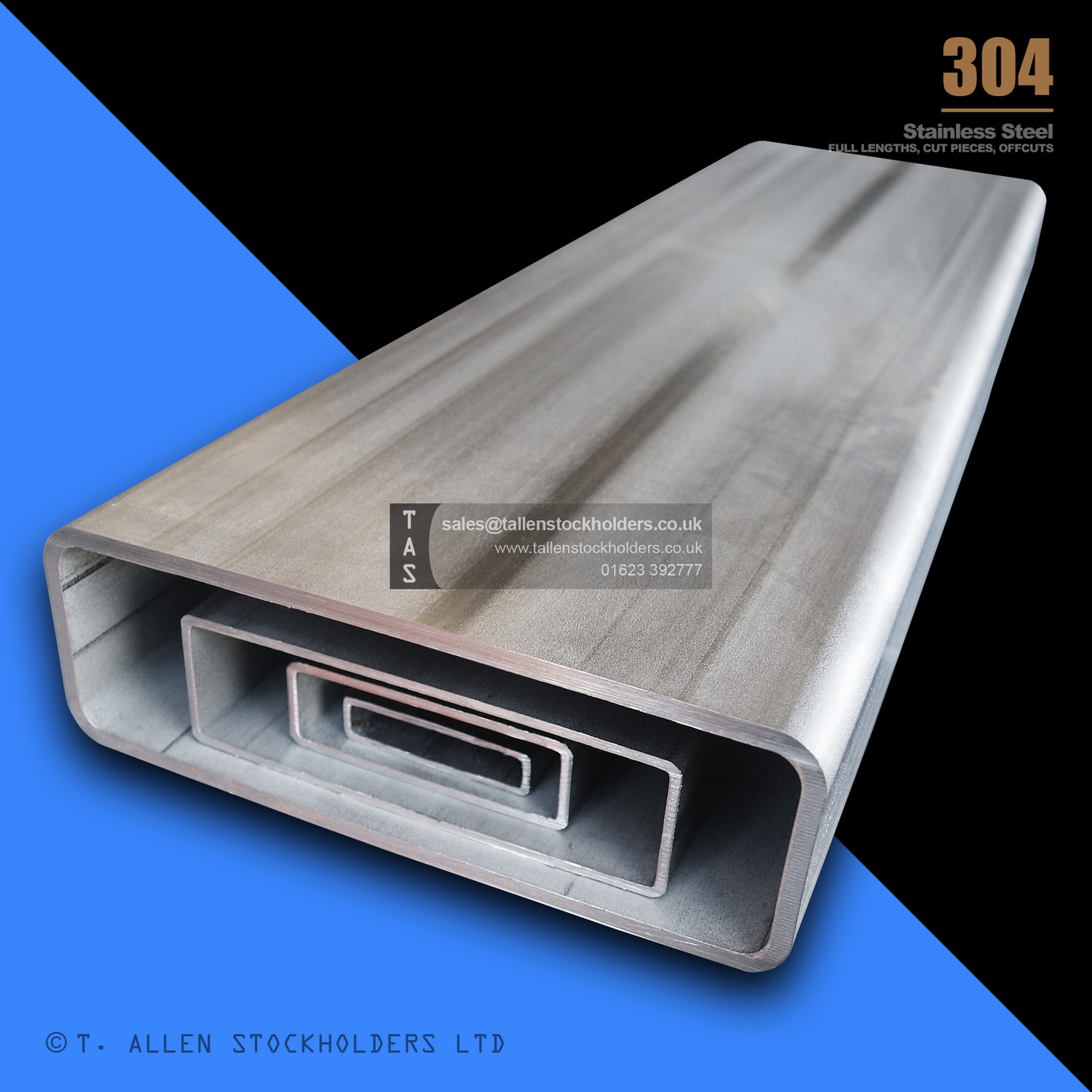 RHS Rectangular Box Section, 304 Stainless Steel, 20mm x 10mm x 1mm, Dull Polished