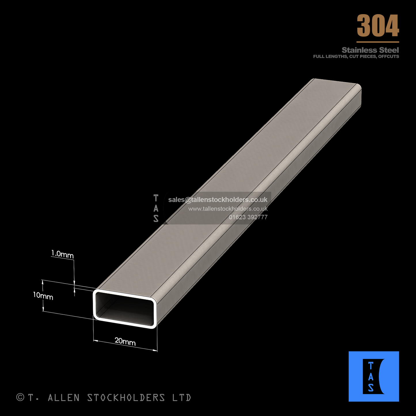 RHS Rectangular Box Section, 304 Stainless Steel, 20mm x 10mm x 1mm, Dull Polished