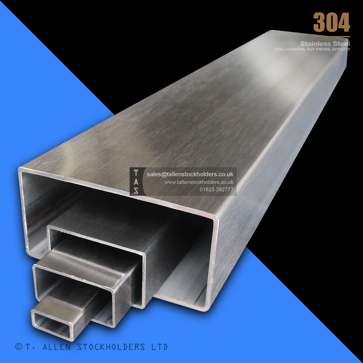 RHS Rectangular Box Section, 304 Stainless Steel, 20mm x 10mm x 1mm, Dull Polished