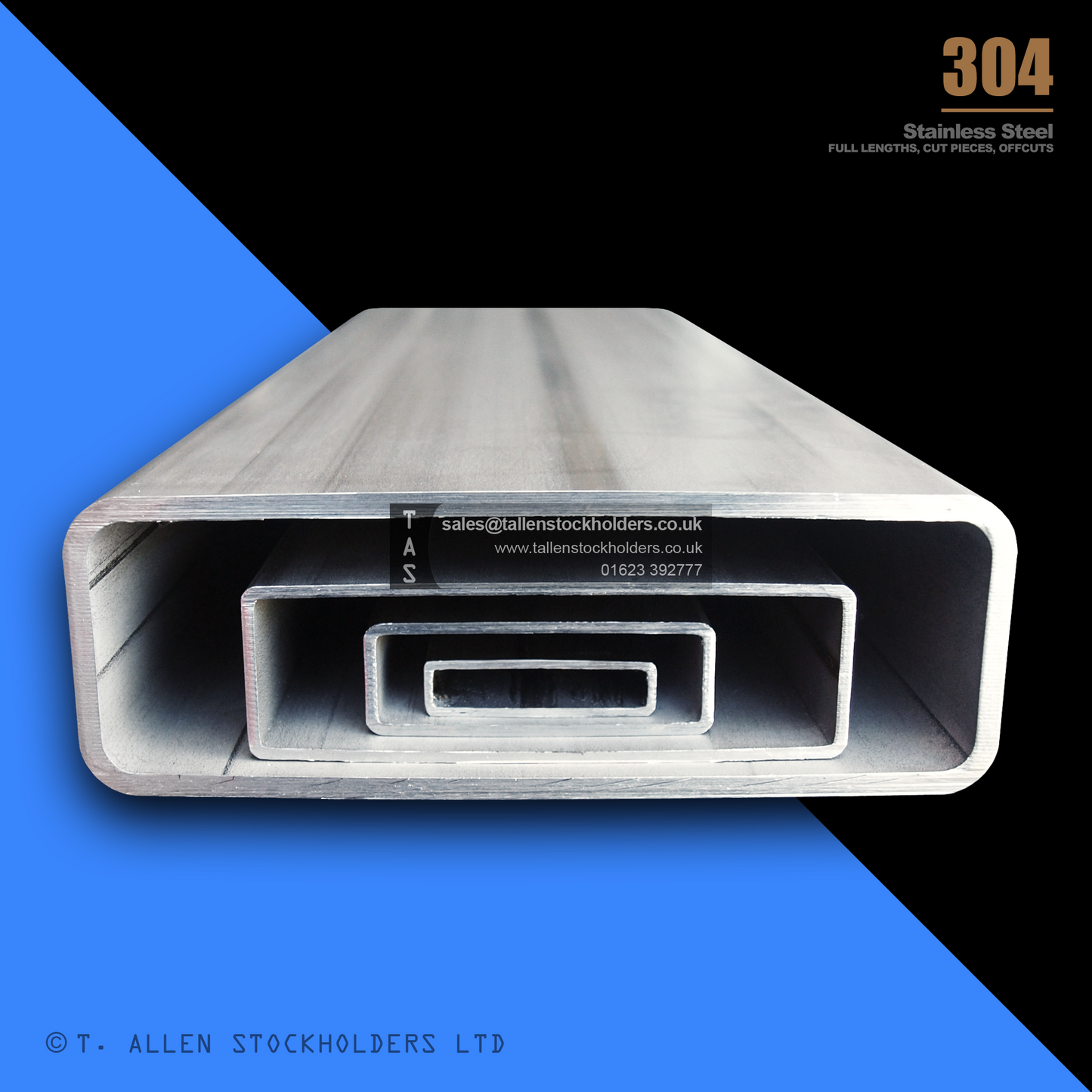 RHS Rectangular Box Section, 304 Stainless Steel, 20mm x 10mm x 1mm, Dull Polished
