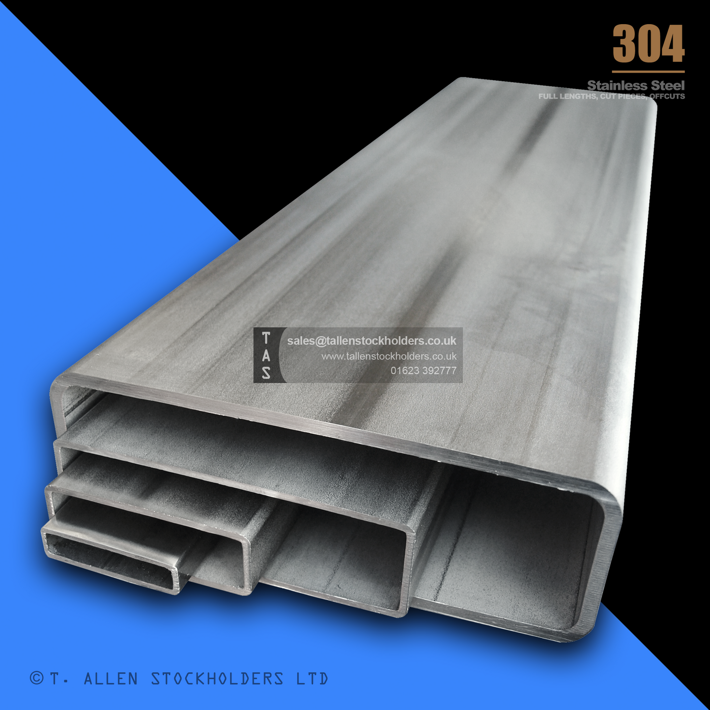 RHS Rectangular Box Section, 304 Stainless Steel, 20mm x 10mm x 1mm, Dull Polished