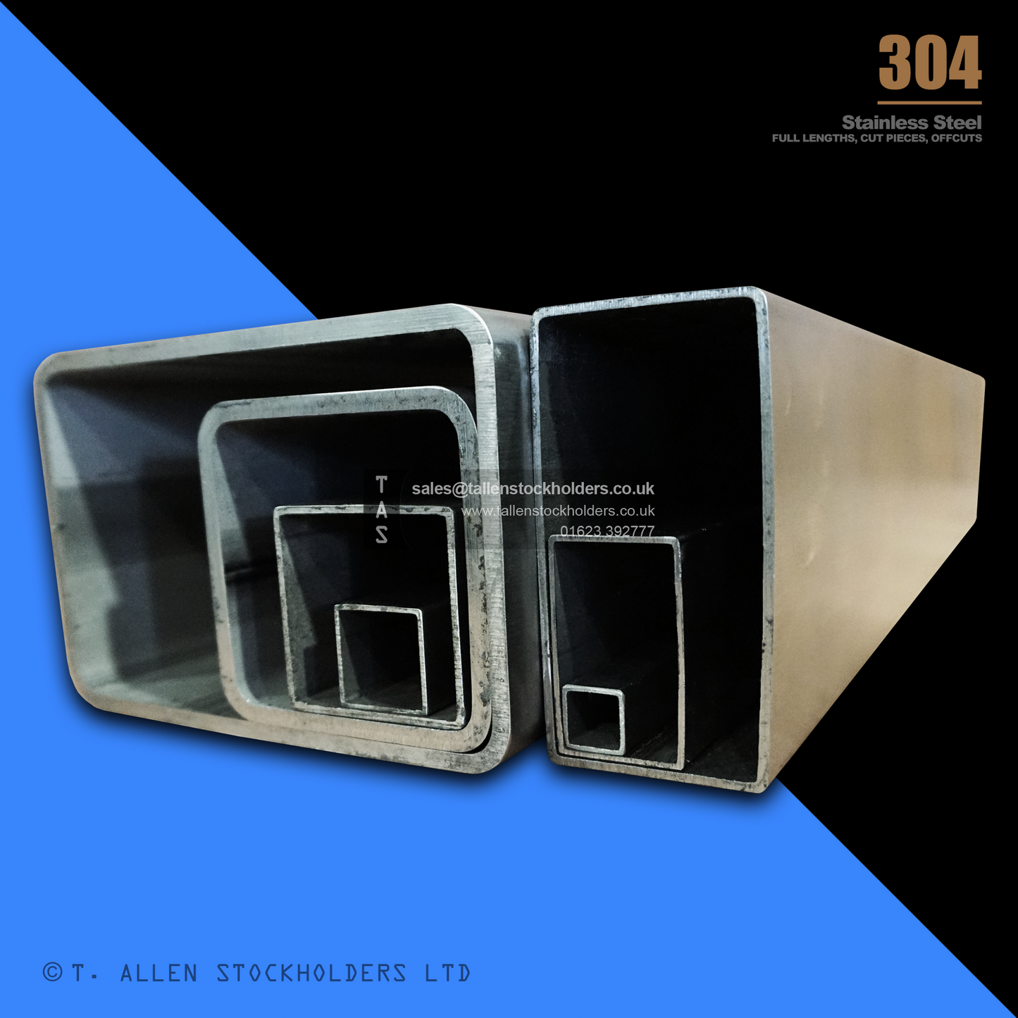 RHS Rectangular Box Section, 304 Stainless Steel, 20mm x 10mm x 1mm, Dull Polished