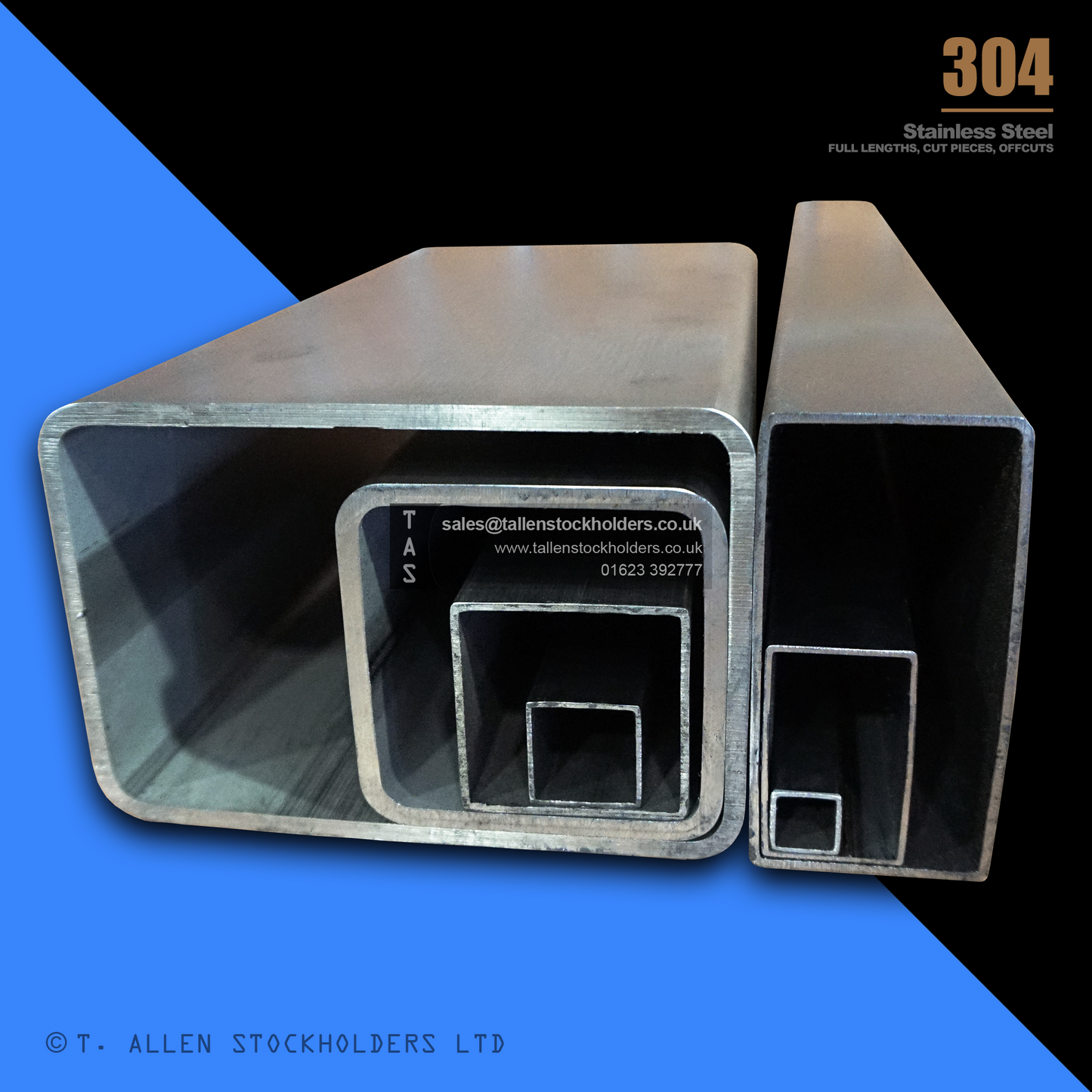RHS Rectangular Box Section, 304 Stainless Steel, 20mm x 10mm x 1mm, Dull Polished