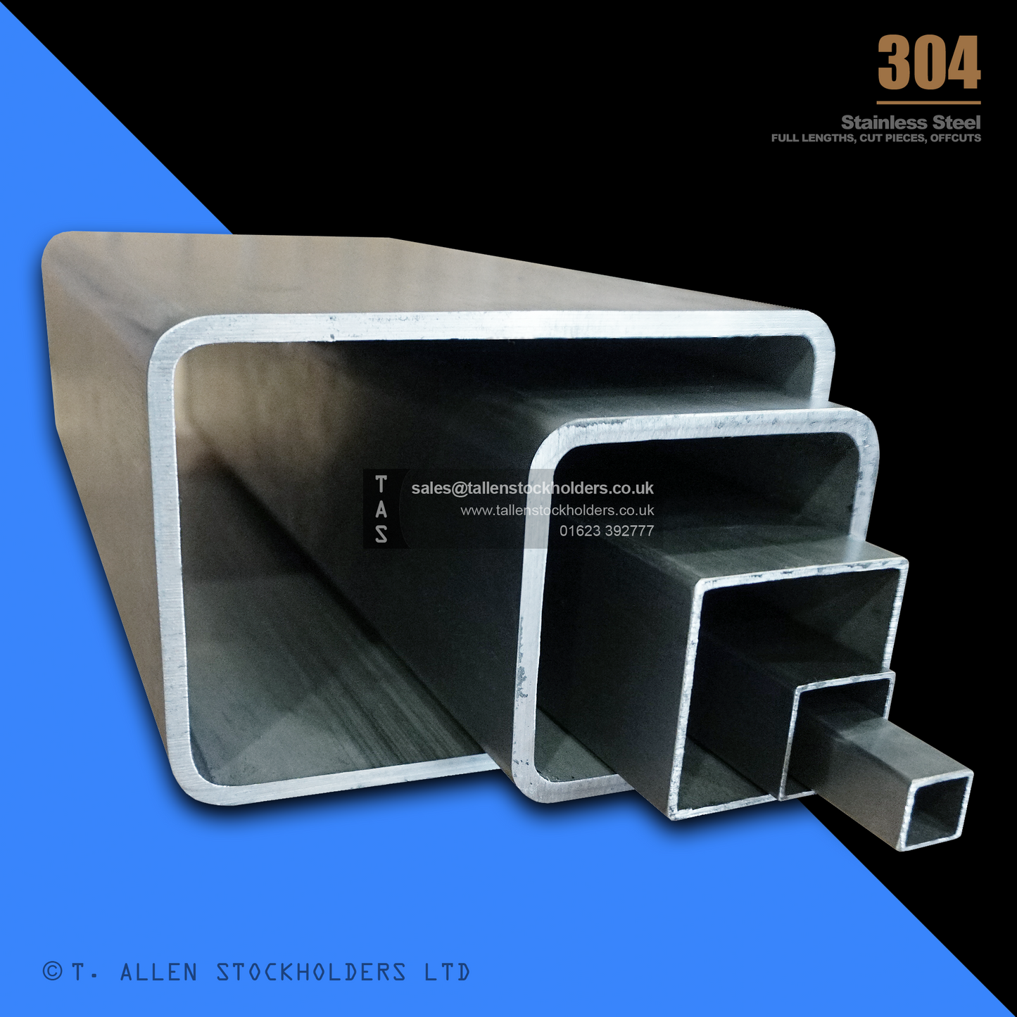 RHS Rectangular Box Section, 304 Stainless Steel, 20mm x 10mm x 1mm, Dull Polished
