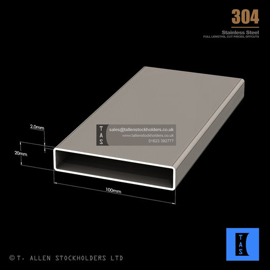 100 X 20 X 2 RECTANGULAR BOX SECTION, RHS, 304 STAINLESS STEEL