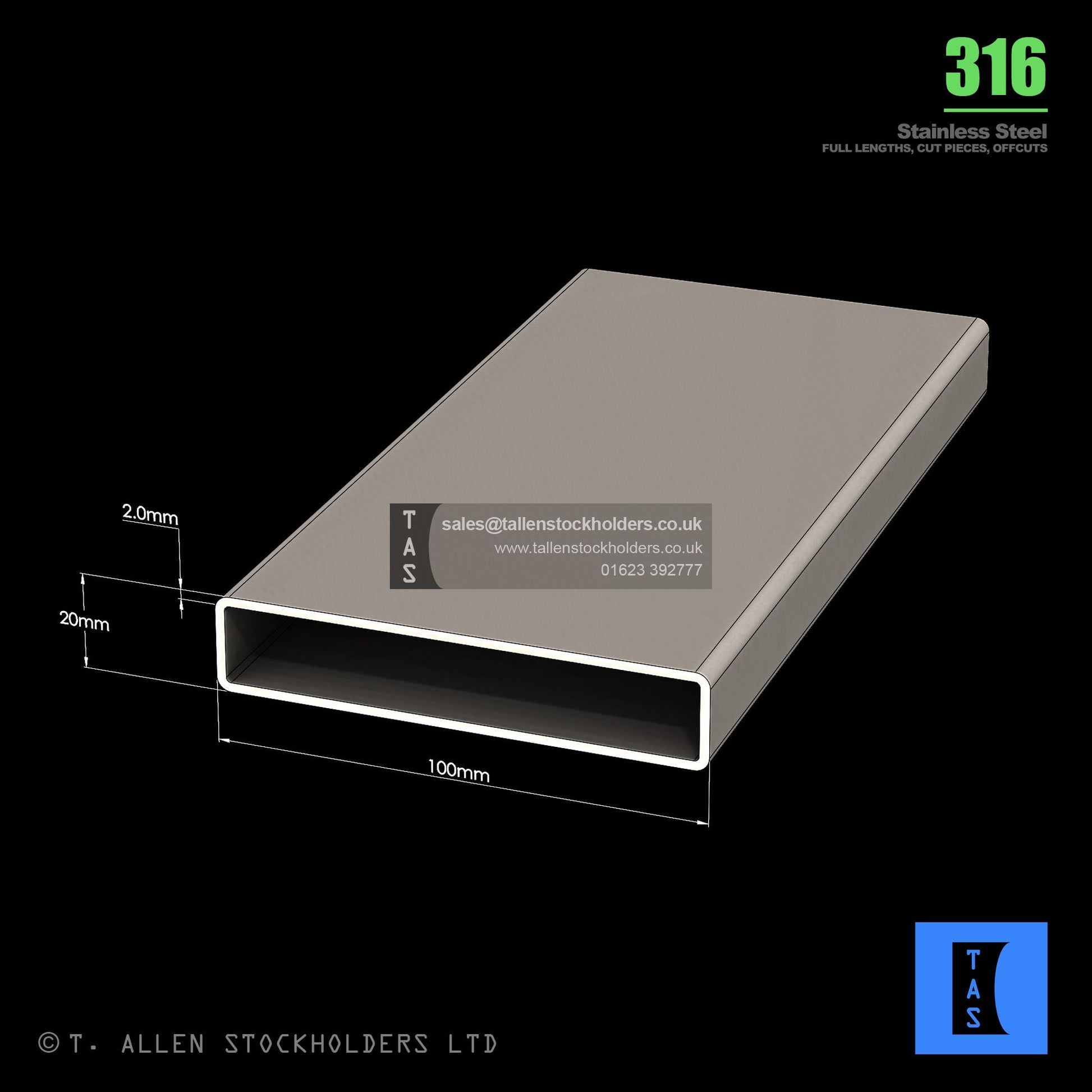 BUY 100 X 20 X 2 RECTANGULAR BOX SECTION, GRADE 316 STAINLESS STEEL