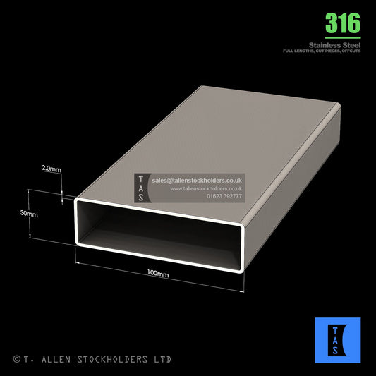 BUY 100 X 30 X 2 RECTANGULAR BOX SECTION, GRADE 316 STAINLESS STEEL