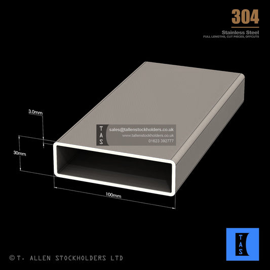 100 X 30 X 3 RECTANGULAR BOX SECTION, RHS, 304 STAINLESS STEEL