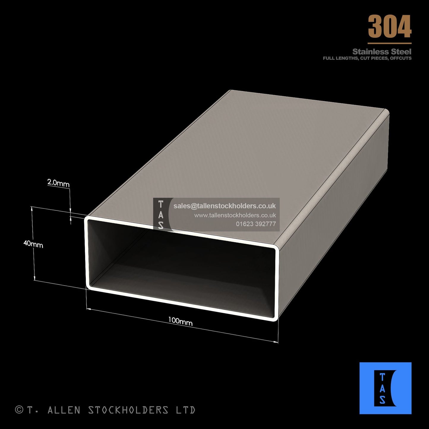 100 X 40 X 2 RECTANGULAR BOX SECTION, RHS, 304 STAINLESS STEEL
