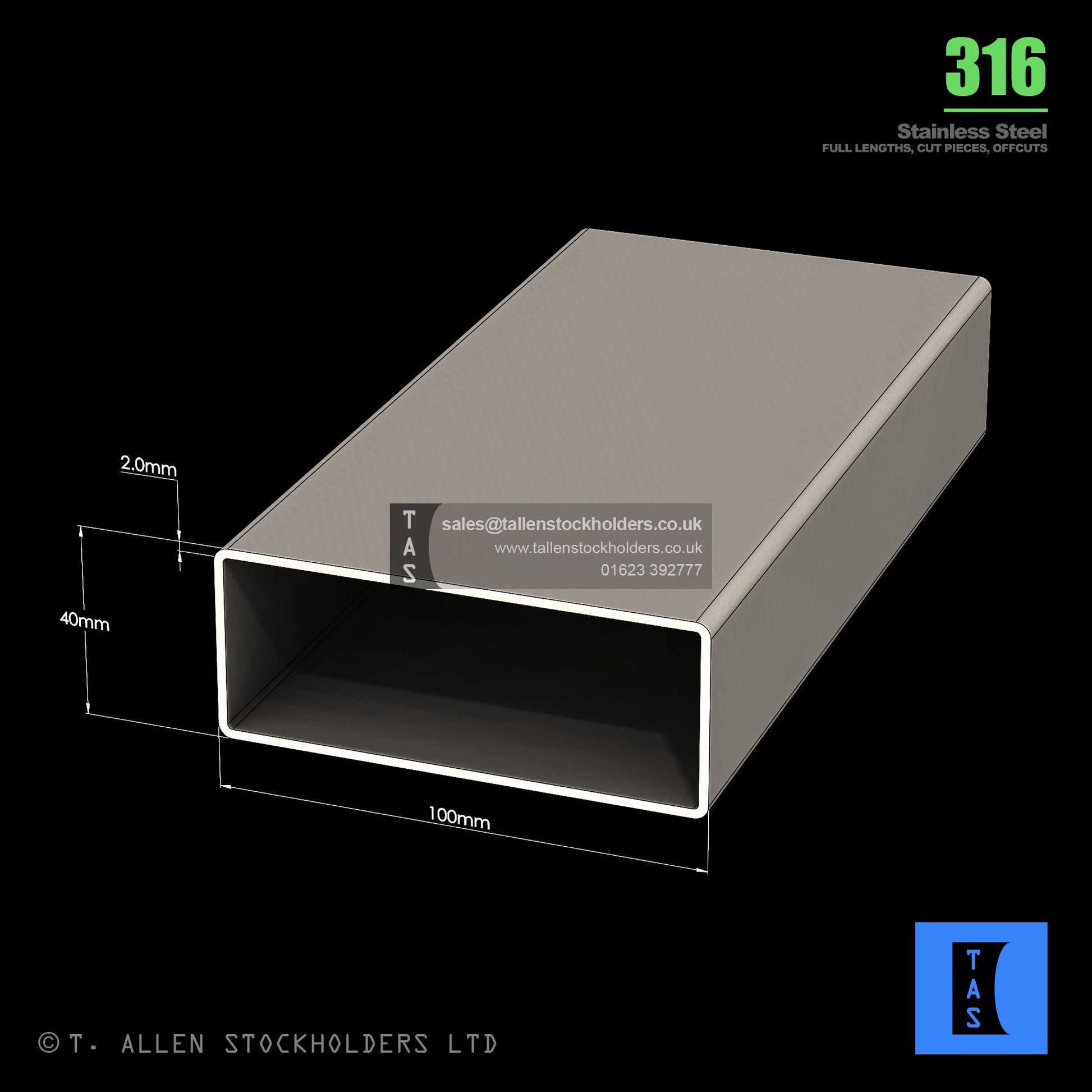BUY 100 X 40 X 2 RECTANGULAR BOX SECTION, GRADE 316 STAINLESS STEEL