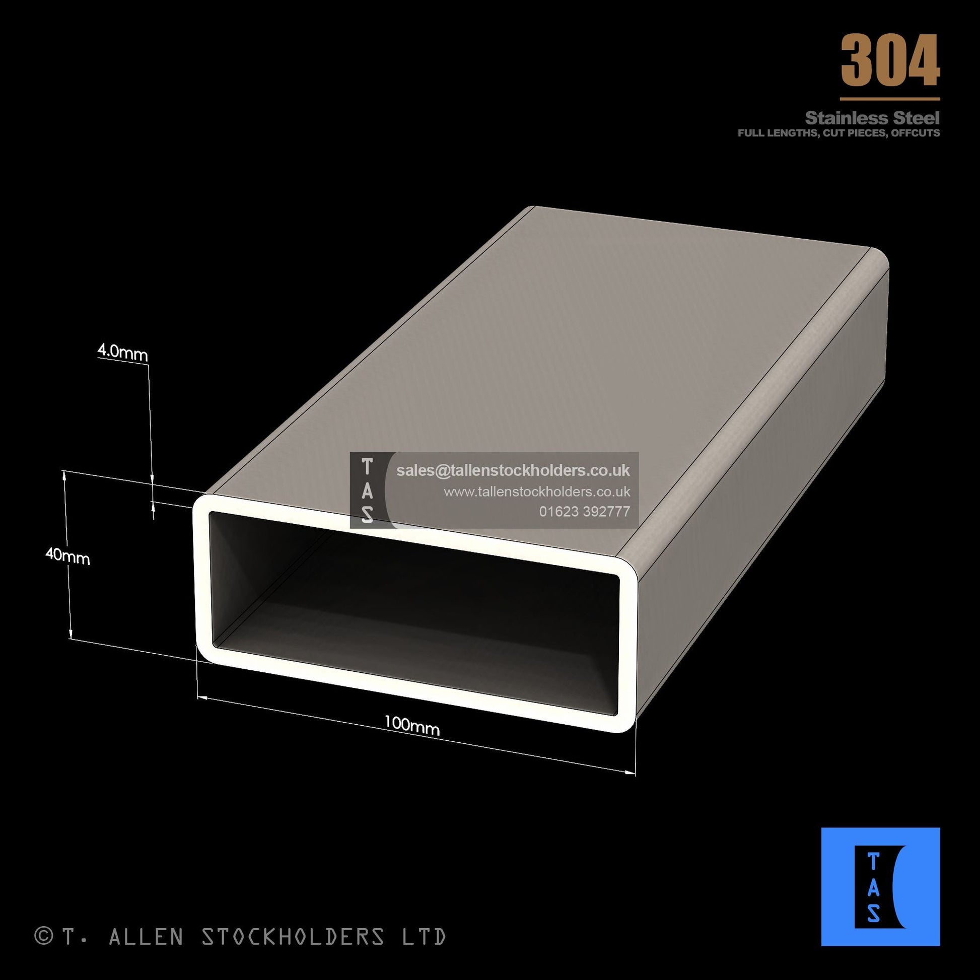 100 X 40 X 4 RECTANGULAR BOX SECTION, RHS, 304 STAINLESS STEEL