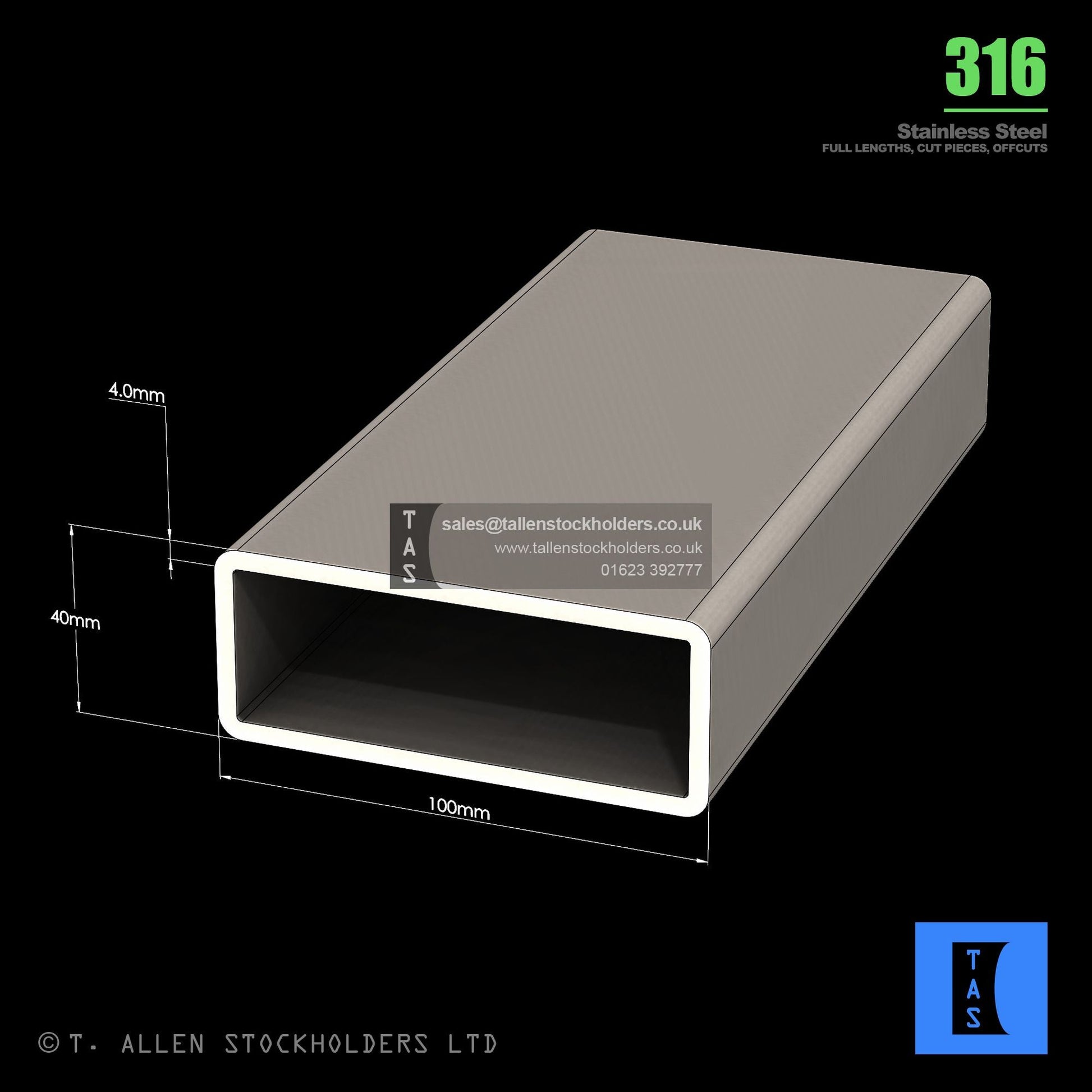BUY 100 X 40 X 4 RECTANGULAR BOX SECTION, GRADE 316 STAINLESS STEEL