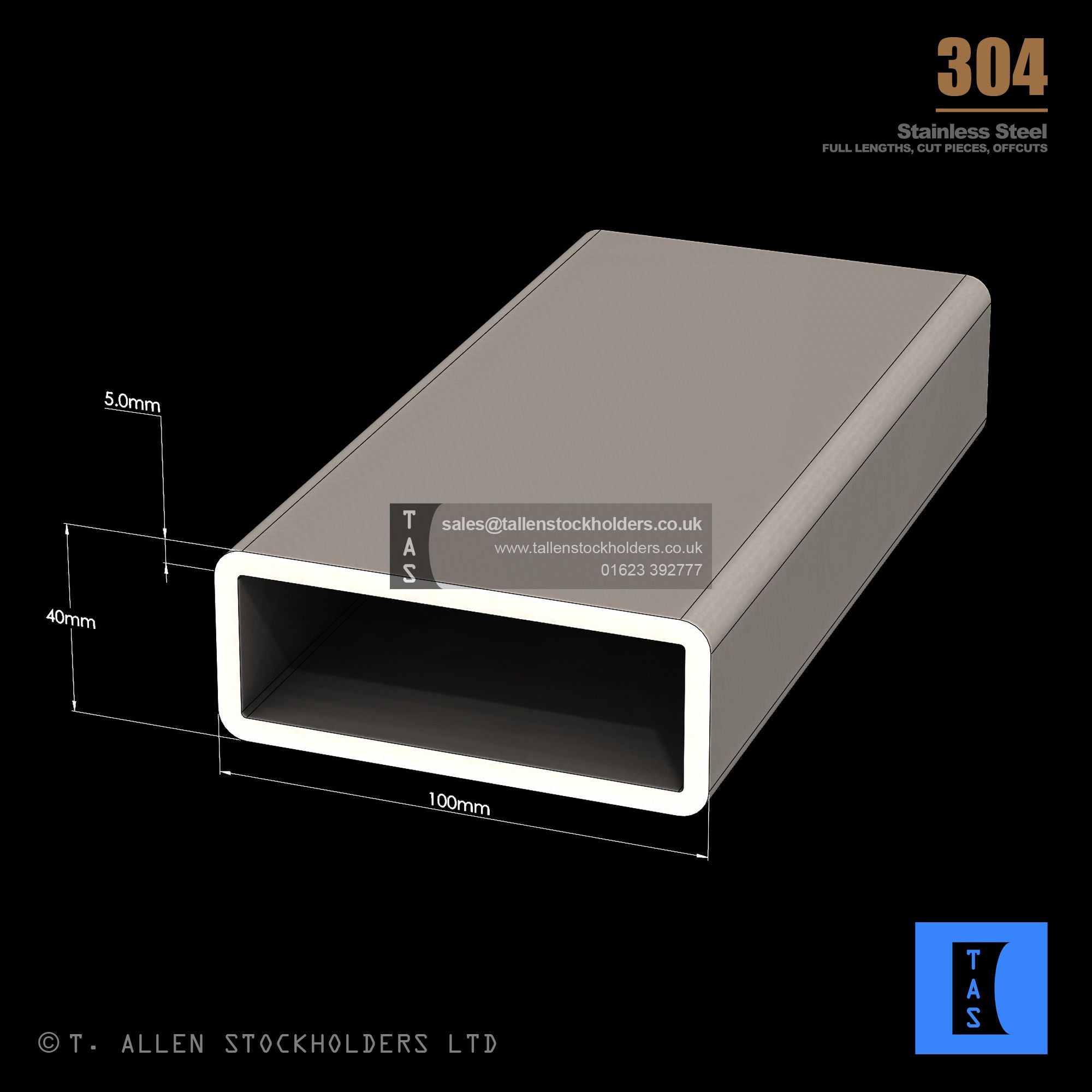 100 X 40 X 5 RECTANGULAR BOX SECTION, RHS, 304 STAINLESS STEEL – T ...