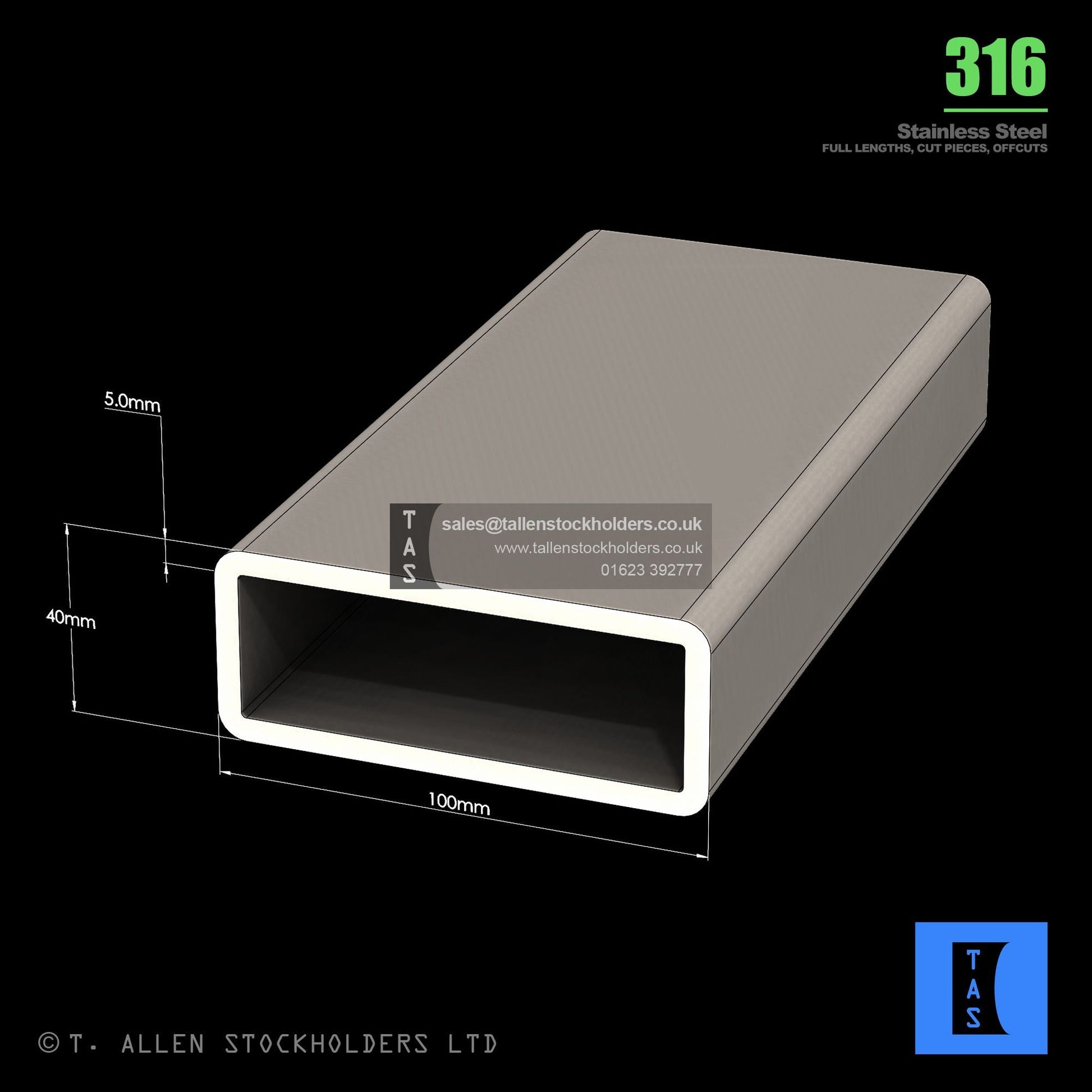BUY 100 X 40 X 5 RECTANGULAR BOX SECTION, GRADE 316 STAINLESS STEEL