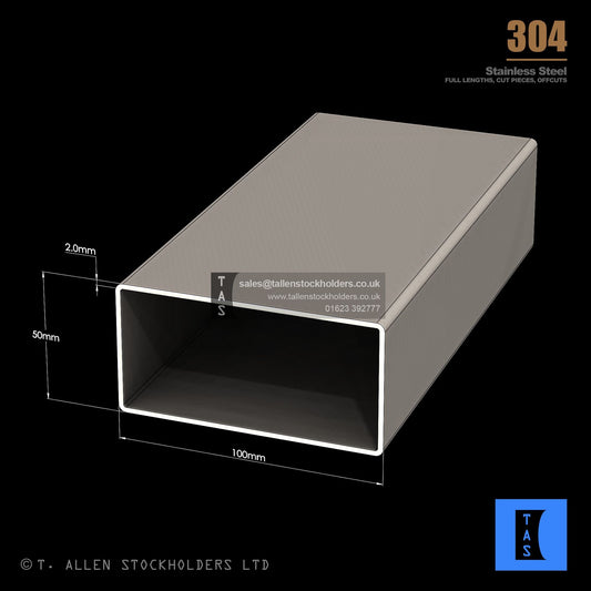 100 X 50 X 2 RECTANGULAR BOX SECTION, RHS, 304 STAINLESS STEEL