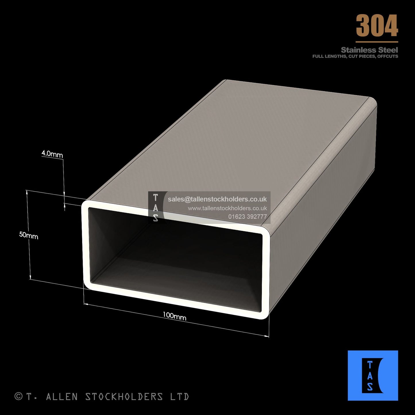 100 X 50 X 4 RECTANGULAR BOX SECTION, RHS, 304 STAINLESS STEEL