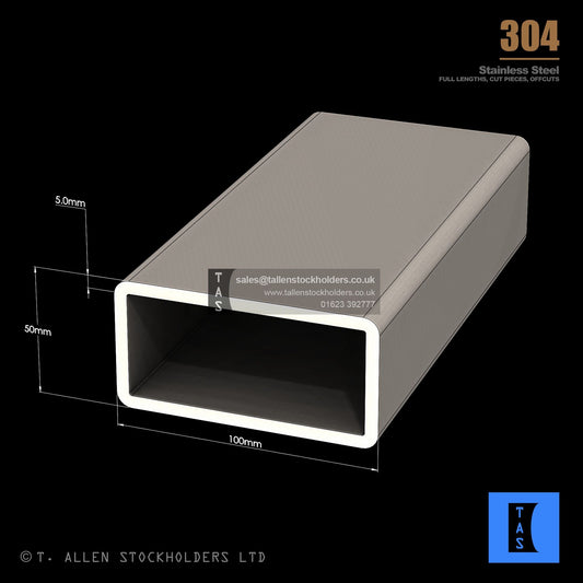 100 X 50 X 5 RECTANGULAR BOX SECTION, RHS, 304 STAINLESS STEEL