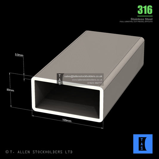 BUY 100 X 50 X 5 RECTANGULAR BOX SECTION, GRADE 316 STAINLESS STEEL