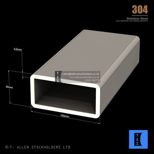 100 X 50 X 6 RECTANGULAR BOX SECTION, RHS, 304 STAINLESS STEEL