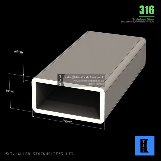 BUY 100 X 50 X 6 RECTANGULAR BOX SECTION, GRADE 316 STAINLESS STEEL