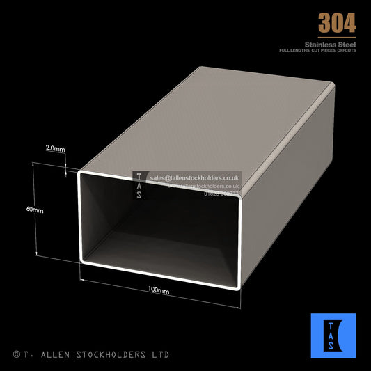 100 X 60 X 2 RECTANGULAR BOX SECTION, RHS, 304 STAINLESS STEEL