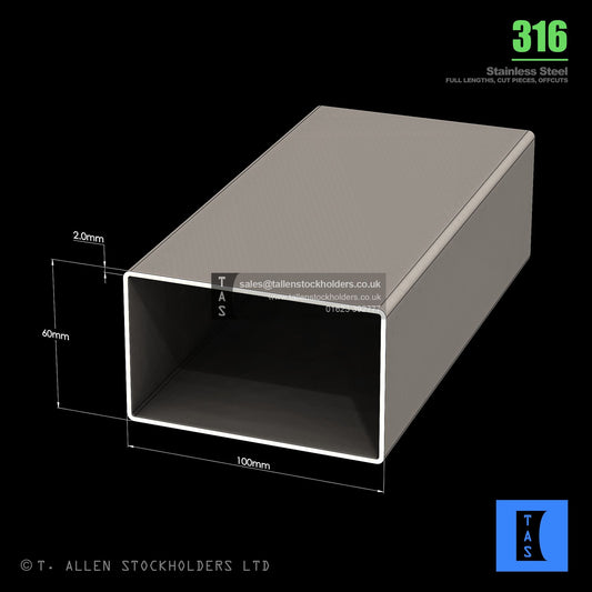 BUY 100 X 60 X 2 RECTANGULAR BOX SECTION, GRADE 316 STAINLESS STEEL