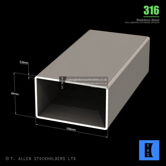 BUY 100 X 60 X 3 RECTANGULAR BOX SECTION, GRADE 316 STAINLESS STEEL