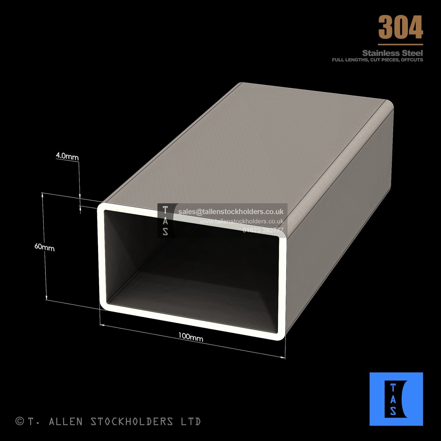 100 X 60 X 4 RECTANGULAR BOX SECTION, RHS, 304 STAINLESS STEEL