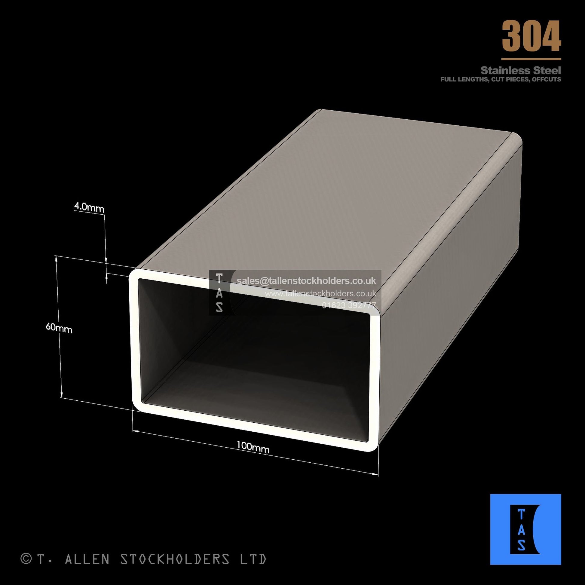 100 X 60 X 4 RECTANGULAR BOX SECTION, RHS, 304 STAINLESS STEEL
