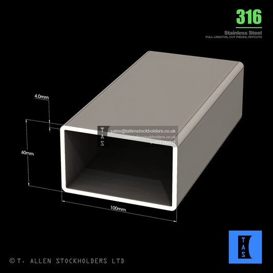 BUY 100 X 60 X 4 RECTANGULAR BOX SECTION, GRADE 316 STAINLESS STEEL
