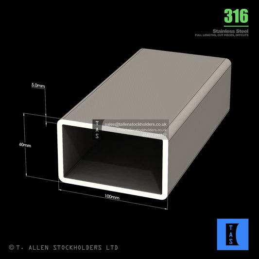 BUY 100 X 60 X 5 RECTANGULAR BOX SECTION, GRADE 316 STAINLESS STEEL
