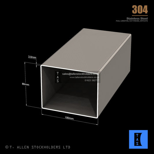 100 X 80 X 2 RECTANGULAR BOX SECTION, RHS, 304 STAINLESS STEEL