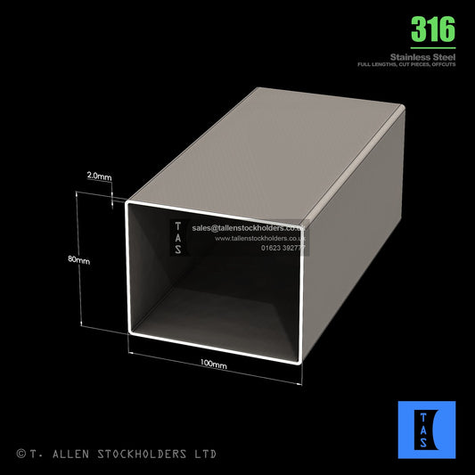 BUY 100 X 80 X 2 RECTANGULAR BOX SECTION, GRADE 316 STAINLESS STEEL