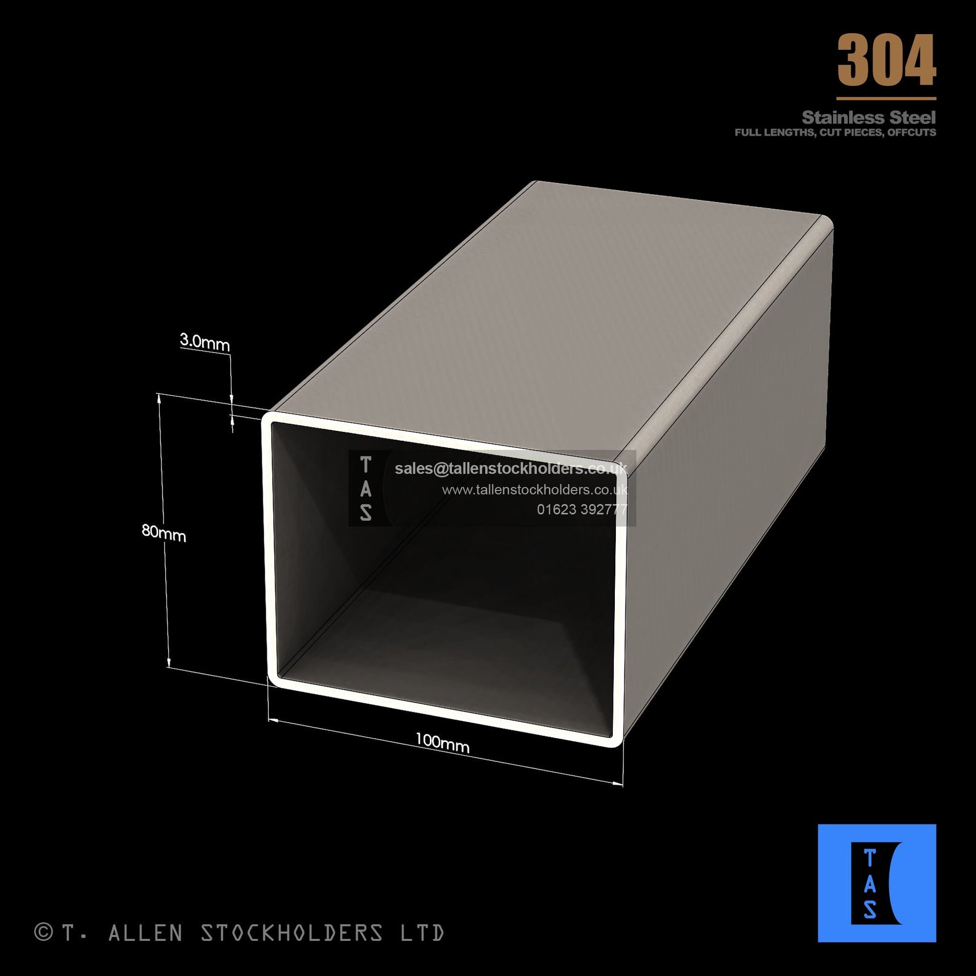 100 X 80 X 3 RECTANGULAR BOX SECTION, RHS, 304 STAINLESS STEEL
