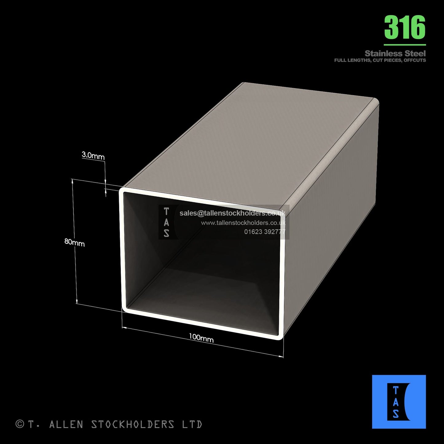 BUY 100 X 80 X 3 RECTANGULAR BOX SECTION, GRADE 316 STAINLESS STEEL