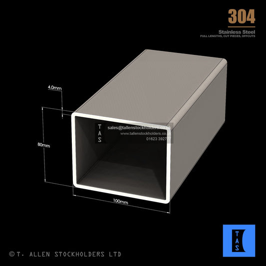 100 X 80 X 4 RECTANGULAR BOX SECTION, RHS, 304 STAINLESS STEEL